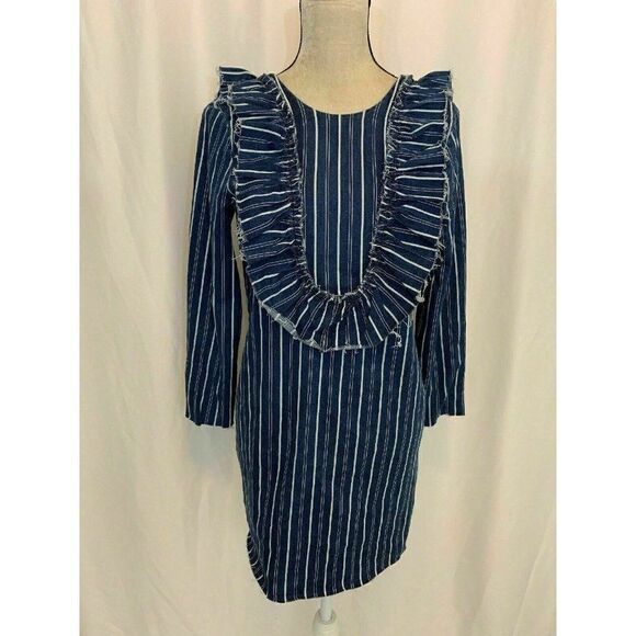 Zara New Blue White Striped Denim Jean Long Sleeve Mini Dress 5520/18/401/3 - Picture 4 of 11